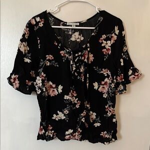 American Eagle Outfitters Black and Pink Ruffled Tie Front Blouse